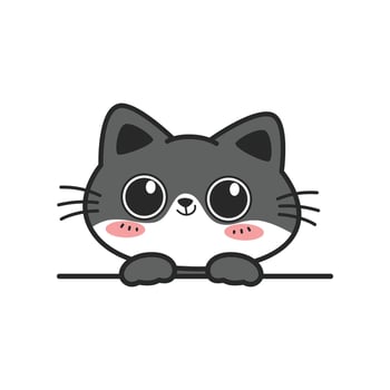 Cute happy gray cat with big eye cartoon hand-drawn style peeking, Kawaii smiling cat doodle vector