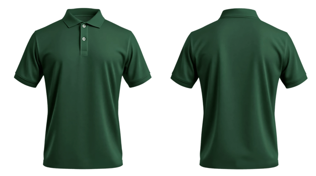 Dark green short sleeve Polo t-shirt in front and back view, mockup isolated on transparent background png