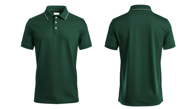 Dark green short sleeve Polo t-shirt in front and back view, mockup isolated on transparent background. png