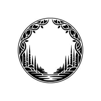 Circular Celtic Landscape Emblem, Mystical Silhouette vector
