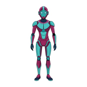 Futuristic female android standing straight with teal and magenta colored armor in cartoon style vector