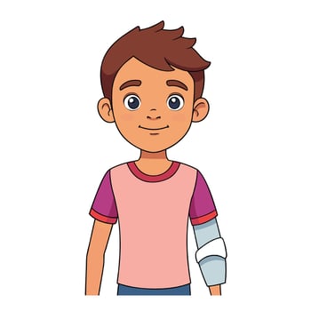 Cartoon boy with arm cast looking happy in a front facing view vector