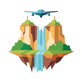 Fantasy Island Landscape with Waterfall and Aircraft, Illustration, Travel Concept vector