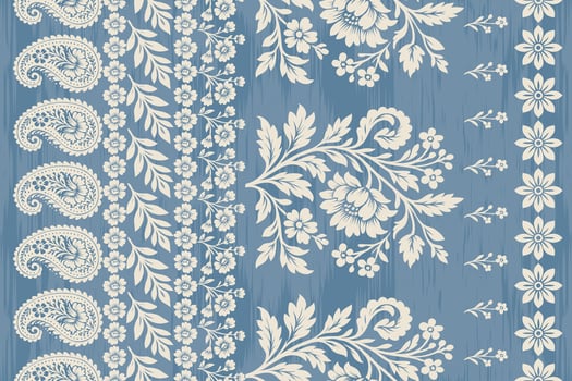 Seamless ethnic ikat paisley floral embroidery pattern with decorative Indian aztec border, traditional boho style textile motifs for fabric design, abstract tribal pattern illustration for clothing. vector