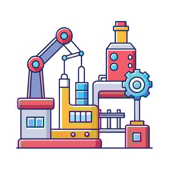 Stylized factory illustration with robotic arm, gear, and chemical processing tower vector
