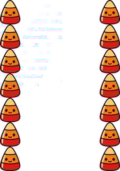 Delightful candy corn border design featuring cheerful cartoon candy corn icons in orange, yellow, and red, perfect for Halloween or autumnal projects. vector