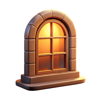 Stylized arched window with warm light isolated on transparent background png