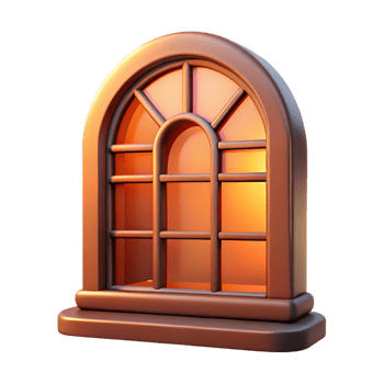 Arched window with bronze frame isolated on transparent background png