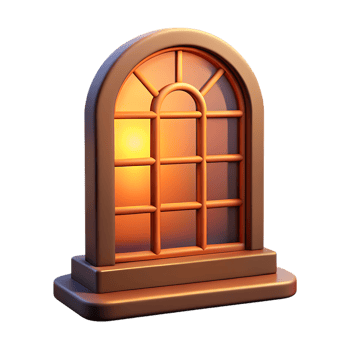 Arched window with warm sunlight isolated on transparent background png