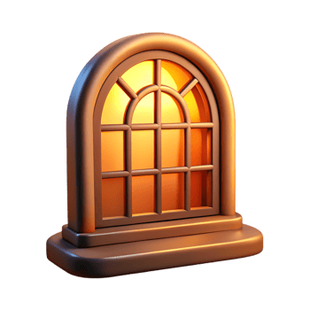 Ornate arched window with warm glow isolated on transparent background png