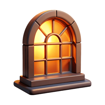 Arched window with warm light isolated on transparent background png