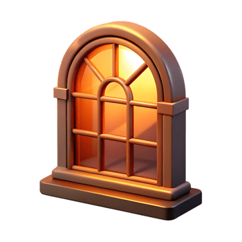 Arched window with bronze frame and orange light isolated on transparent background png