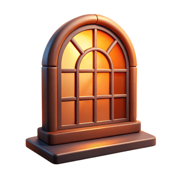 Stylized arched window with warm glow isolated on transparent background png