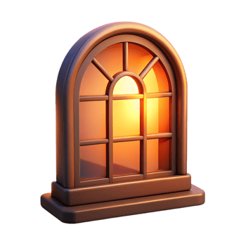 Warmly lit arched window with bronze frame isolated on transparent background png