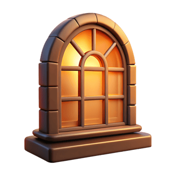 Arched window with warm glow isolated on transparent background png