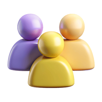 Three abstract people icons in purple yellow and orange isolated on transparent background png