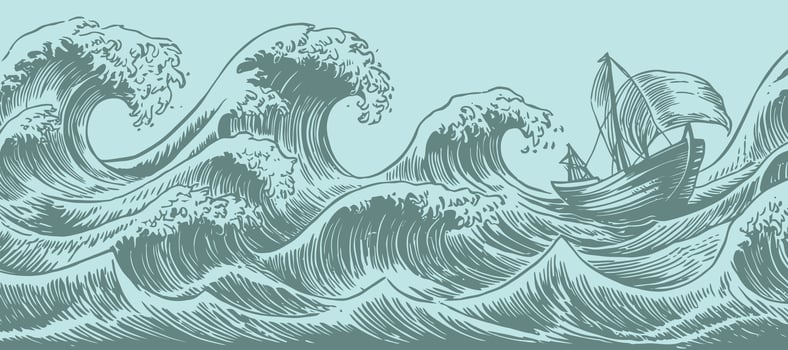 Hand Drawn Ocean Waves Illustration in Pale Blue and Gray Nautical Theme Sea Water Storm Tsunami Graphic Design Element vector
