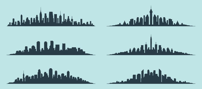 Six Cityscape Silhouettes with Varying Skyline Designs in Dark Gray Against a Light Blue Background Representing Urban Environments and Architectural Diversity in a Minimalist vector