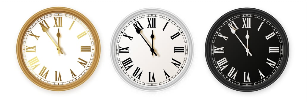 Gold, silver, black wall clocks vector