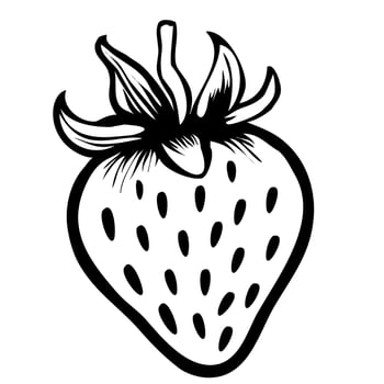 A stylized black and white illustration of a strawberry, featuring detailed leaves and seeds, with a bold outline. vector