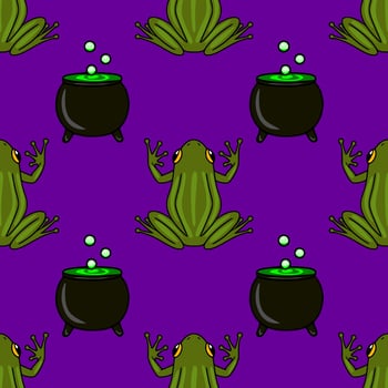 Seamless pattern of quirky green frogs and bubbling cauldrons on a vibrant purple background, perfect for Halloween or whimsical designs. vector