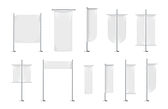 set of blank, textile banners or flags in various shapes, for brand promotion, marketing, advertisement isolated on background. Outdoor, portable pole with cloth, mockup for your design. vector