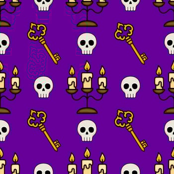 Seamless pattern featuring ornate keys, skulls, and threecandle candelabra on a deep purple background, creating a spooky and mysterious Halloween design. vector
