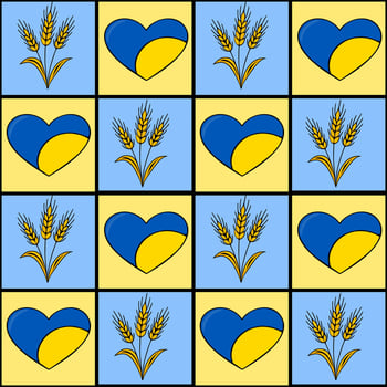 Seamless pattern featuring alternating squares of blue and yellow hearts incorporating Ukrainian flag colors and golden wheat stalks, creating a cheerful and patriotic design. vector
