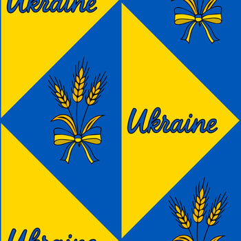 Seamless pattern featuring a geometric arrangement of yellow and blue triangles, interspersed with wheat stalks tied with ribbons in the Ukrainian national colors and the word Ukraine in a... vector