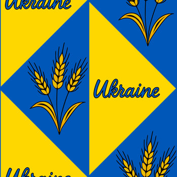 Seamless pattern featuring a geometric design in blue and yellow, incorporating stylized wheat stalks and the word Ukraine, creating a vibrant and symbolic textile or wallpaper design. vector