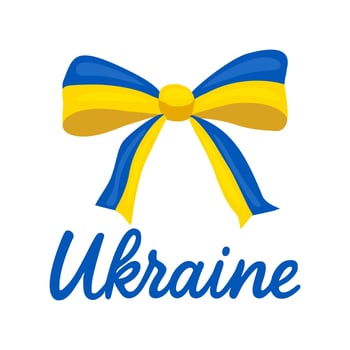 A illustration of a stylized ribbon bow in the colors of the Ukrainian flag, accompanied by the word Ukraine in a bold, handwritten font. vector