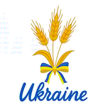 A charming illustration featuring three golden wheat stalks tied with a blue and yellow ribbon, symbolizing Ukraine, set against a clean white background. vector