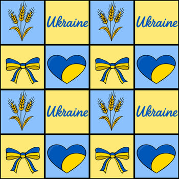 Seamless pattern featuring Ukrainian symbols wheat, hearts in national colors, and bows, arranged in a checkered design on a pastel blue and yellow background. vector