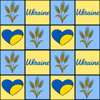 Seamless pattern featuring Ukrainian flag hearts, wheat stalks, and Ukraine lettering in a repeating tile design, perfect for patriotic backgrounds or textile prints. vector