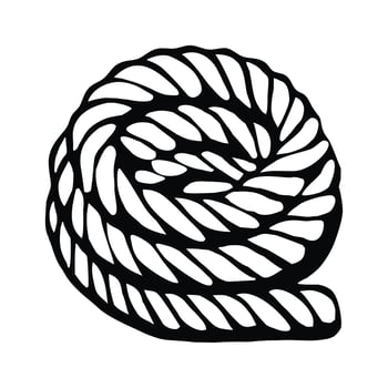 A stylized black and white illustration of a coiled rope, featuring intricate twisted patterns and a smooth, rounded shape. vector