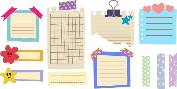Large collection of sticky notes, washi tapes vector