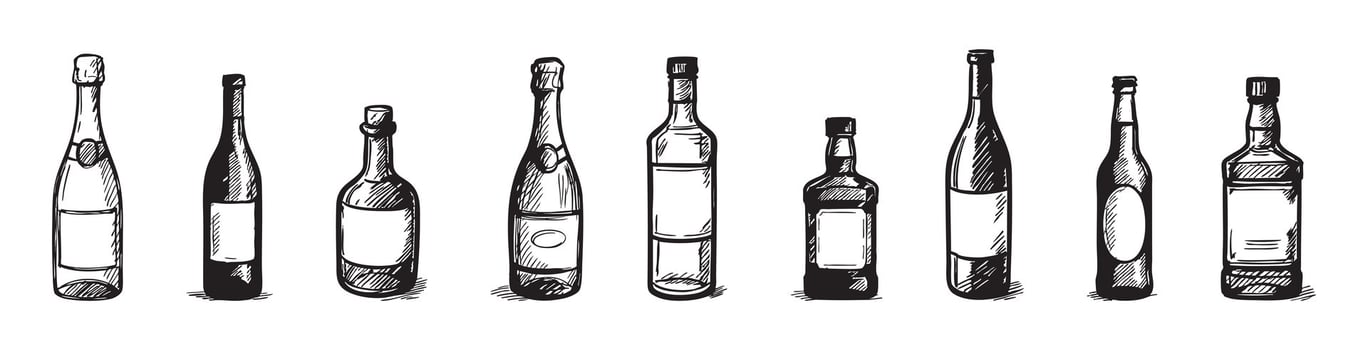 Set of different alcohol bottles in hand drawn black sketch style isolated on white background, graphic illustration. Concept of wine, whiskey, champagne, beer, liquor collection, vintage bar elements vector