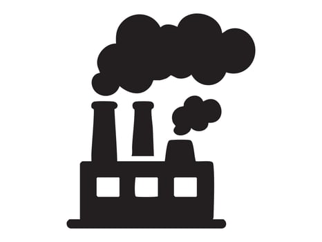 Black silhouette of factory with smoke stacks emitting clouds, isolated on white background, graphic illustration. concept of environmental pollution, industry, icon, design element. vector