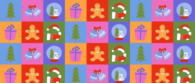 Seamless pattern of Christmas icons with tree, bell, gift, gingerbread man, glove, hat. Winter design for celebration. vector