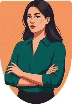 Confident young woman with crossed arms in green shirt portrait on orange background digital illustration vector