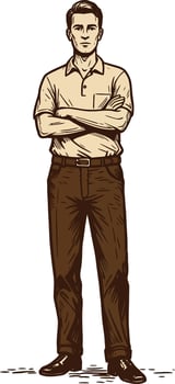 Confident standing man with folded arms in casual shirt and trousers natural posture illustration vector