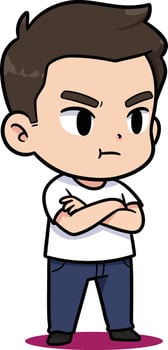 Cartoon boy with crossed arms and serious expression in casual clothes standing on pink shadow illustration vector