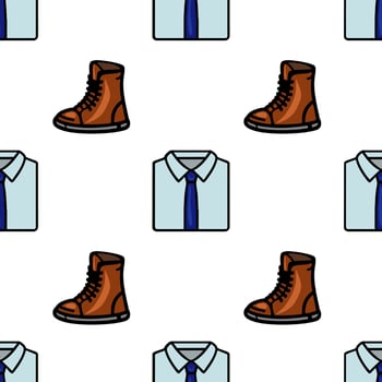 A repeating pattern featuring a blue dress shirt with a tie and brown boots. The design is simple and modern, suitable for fashion-related themes. vector