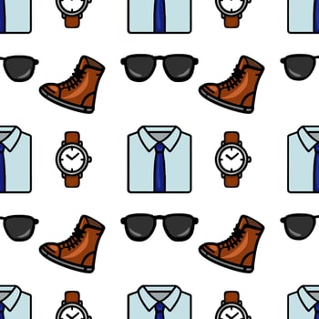 A seamless pattern featuring clothing and accessories including shirts, watches, sunglasses, and boots. The design is colorful and modern, suitable for fashion-related themes. vector