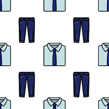 Seamless pattern featuring blue shirts with ties and blue pants on a white background. vector