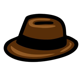 A simple, cartoon-style illustration of a brown fedora hat with a black band. vector