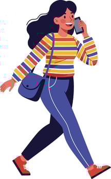 Woman walking and talking on phone wearing striped sweater with crossbody bag and red shoes vector