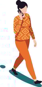 Woman walking and talking on phone in orange outfit with geometric pattern casual style vector