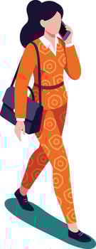 Woman walking and talking on phone in orange outfit with bag casual urban style illustration vector