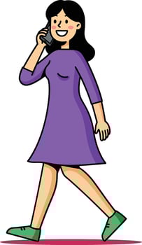 Woman walking while talking on phone in purple dress and green shoes casual lifestyle scene vector